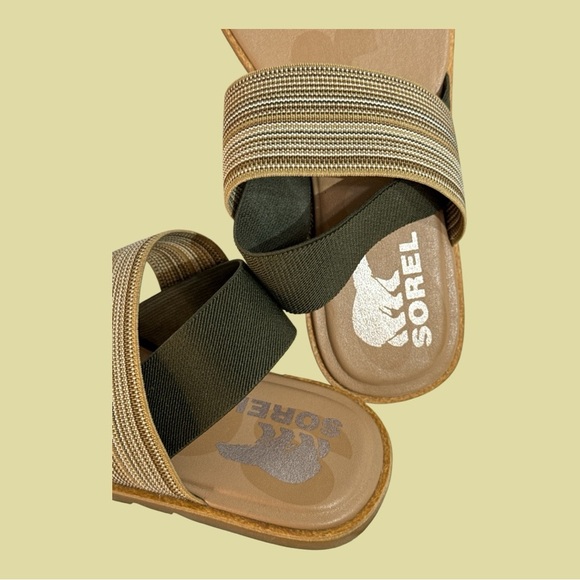 Sorel Ella Flat Sandals in Olive Beige Striped Elastic Stretch Bands Sling Sz 8 - Picture 6 of 7